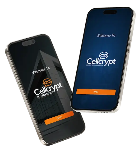 Two smartphones displaying Cellcrypt and Cellcrypt Government welcome screens with orange OPEN buttons